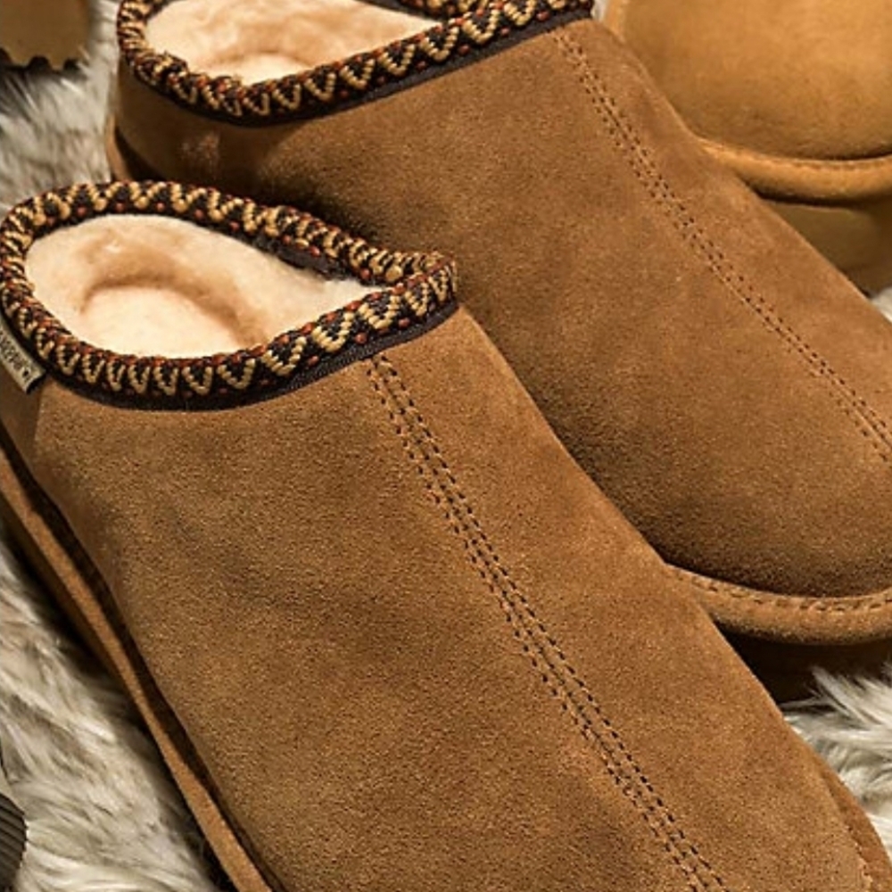 BearPaw Women's Tan Suede Shearling-Lined Clog Mules